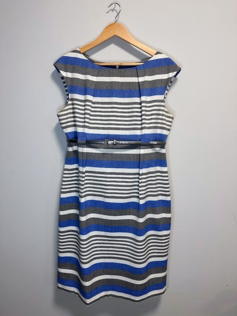 Calvin Klein Stripe Cap Sleeve Belted Sheath Dress. Size 14